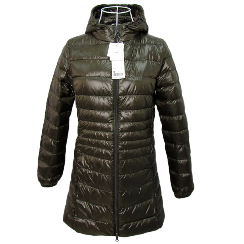 Army green BOoDinerinle, ультра легкий пуховик для женщин, длинный пуховик, ультра тонкий пуховик для женщин, с капюшоном, пуховик на утином пуху, Женское зимнее пальто - Цвет: Army green