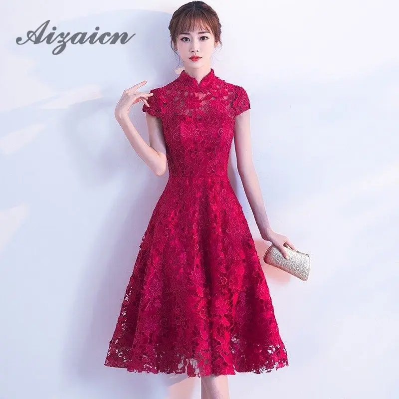 Сексуальное красное платье Cheongsam для невесты, модное длинное свадебное платье Qipao, китайское кружевное традиционное вечернее платье Qi Pao, классическое женское платье