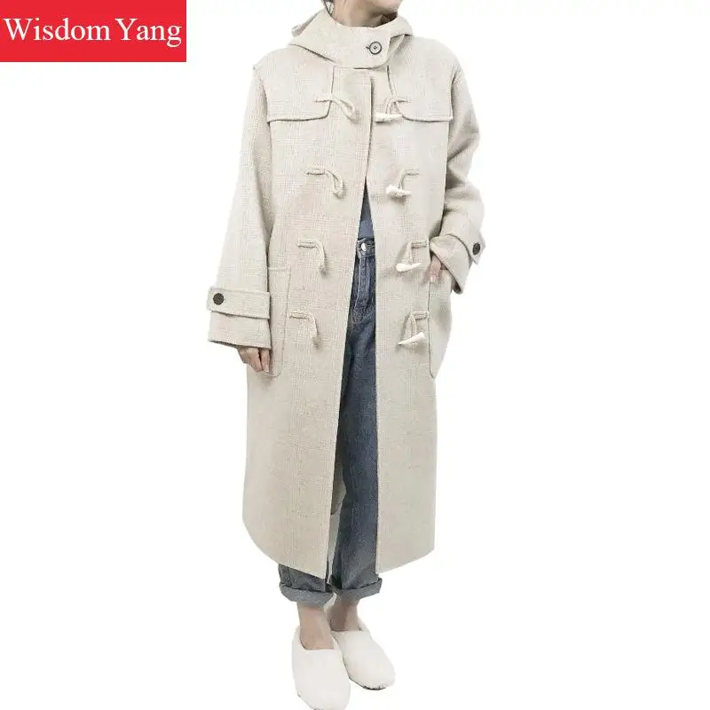 

Winter Warm Beige Plaid Long Sheep Wool Coat Womens Hooded Oversize Loose Office Ladies Woolen Outerwear Overcoat Woollen Coats