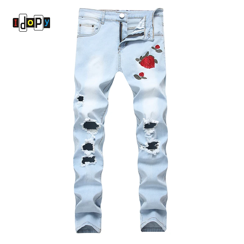 

Fashion Mens Ripped Jeans Floral Embroidery Straight Fit Lightblue Denim Pants Vintage Washed Destroyed Jeans With Holes For Men