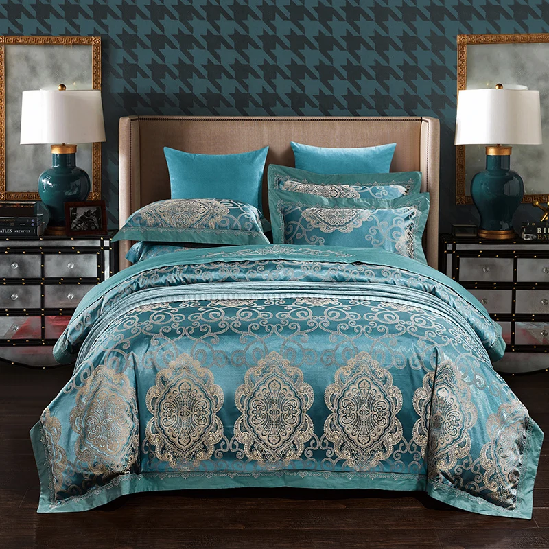 

Blue European Bedding Set Queen King Size Silk Cotton Jacquard Slippery Duvet Cover Bedlinens Flat Sheet Pillow Cases
