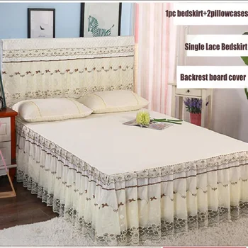 

Free shipping 3pcs Lace edge Pure Color Patchwork Bedskirt set Princess Bed Cover and Pillowcase Home Textile Bedspread
