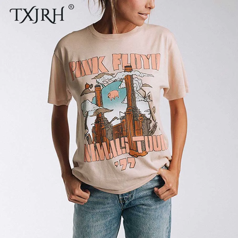 

TXJRH 2019 Vintage Funny Pig Letter Print Short Sleeve O-Neck Pullover T-Shirt New Stylish Woman Loose Causal Tee Summer Tops
