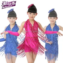 20 компл./лот Элегантные Блестки с лямкой на шее Ленточки сиамская юбка Вальс платье Детская Одежда для танцев выступление Латина сценический костюм