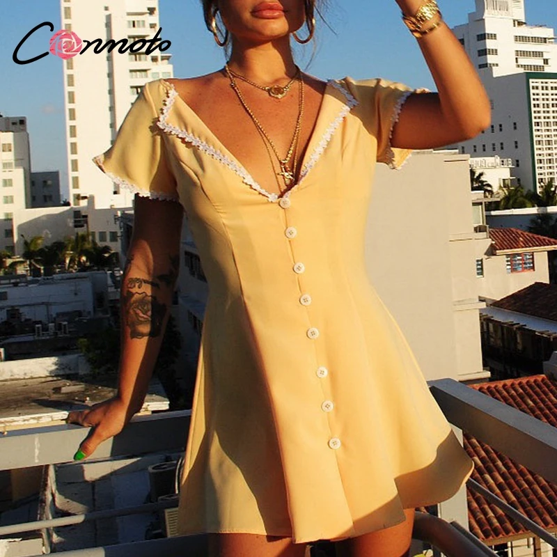 

Conmoto 2019 Summer Women Fashion Yellow Short Dress Vintage V Neck Lace Short Dress Female Casual Holiday Beach Dress Vestidos