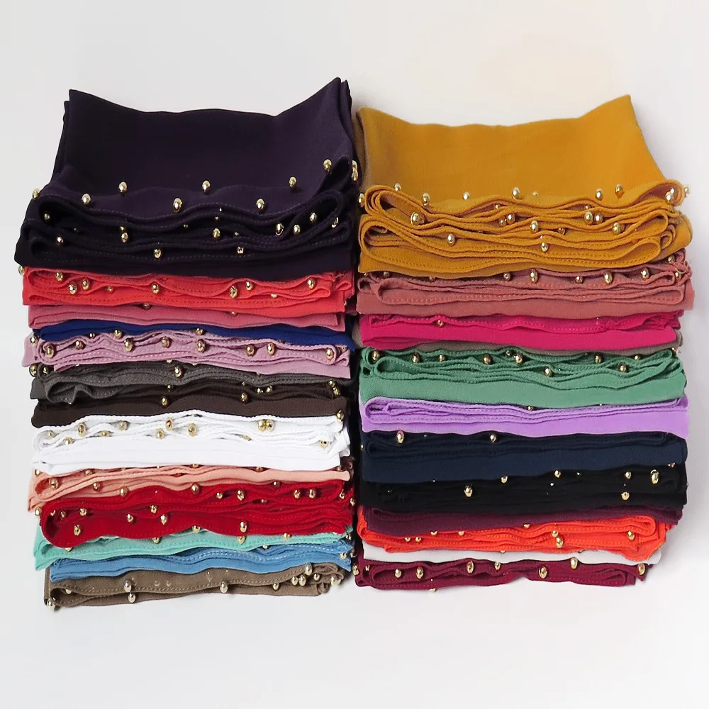 

10pcs/lot Pearl Bubble Chiffon Women's Hijab Scarf Shawl Head Wrap Muslim Accessories Plain Solid Color with Gold Pearls