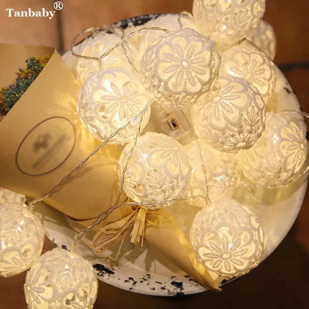 Tanbaby 10 piezas de encaje de Color algodón bolas de luz LED de cadena blanco cálido 6 cm trébol bola luces de hadas para nuevo año Luces Deco