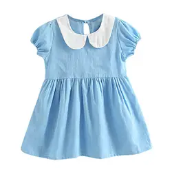 Платье для девочек, детское летнее однотонное платье с пышными рукавами для маленьких девочек, детские платья с воротником «Питер Пэн»