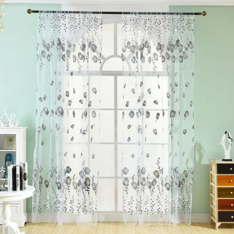 

Lovely Window Curtains Sheer Voile Tulle for Bedroom Living Room Balcony Kitchen Floral Printed Tube Curtain