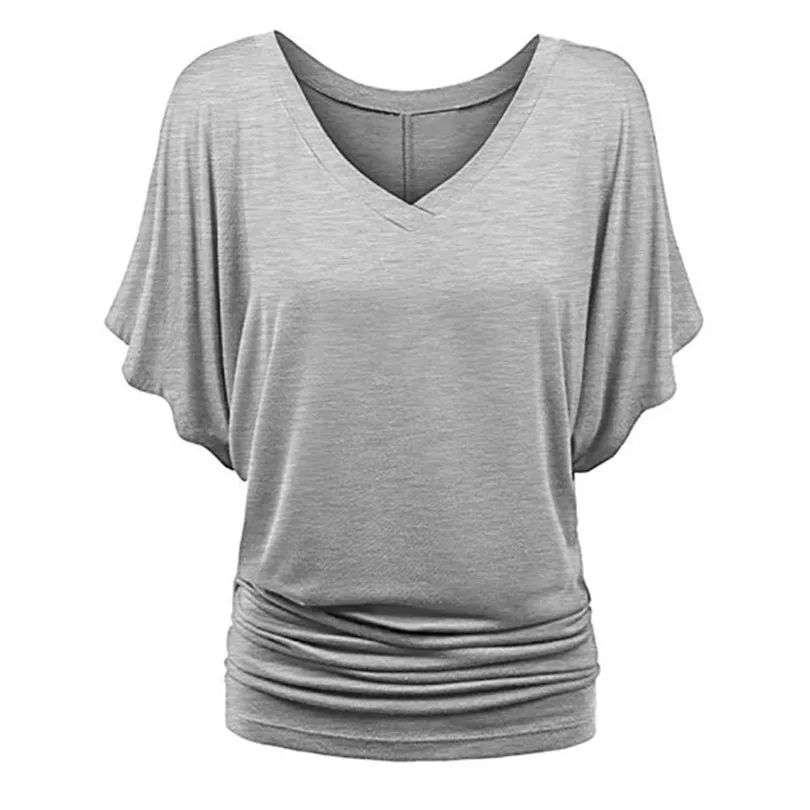 

KWAN_Women Plus Size Simple solid color V-Neck Short Sleeve Ruched Top Bat sleeve Slim fit female T-shirt punk gothic top tees #