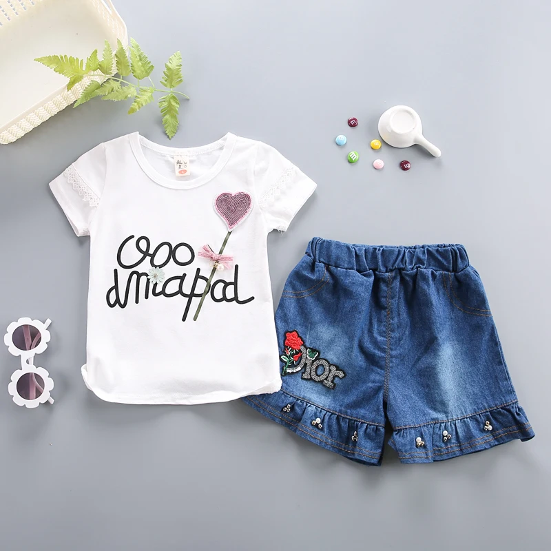 Комплекты одежды для девочек Лето года, детская модная повседневная хлопковая футболка+ короткие штаны комплекты из 2 предметов для девочек, детские спортивные комплекты одежды - Цвет: white