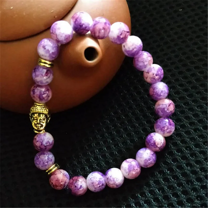 Лидер продаж, классические браслеты Будда золотого цвета с головой из натурального камня для мужчин, разноцветный браслет из бисера для йоги для женщин, подарок, ювелирное изделие - Окраска металла: purple