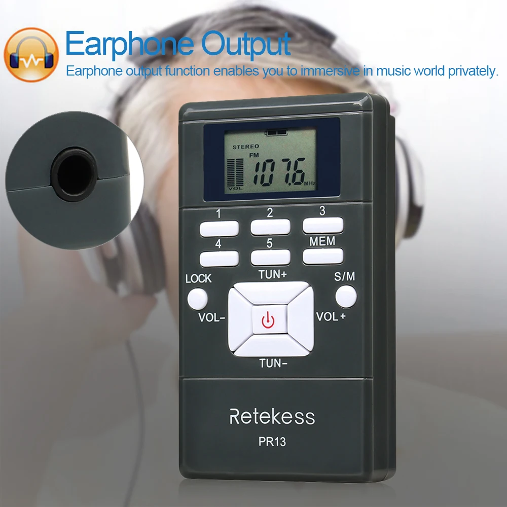 Retekess PR13 радиоприемник FM стерео радио цифровая обработка сигнала DSP ЖК-дисплей мини радио с наушниками-вкладышами ремешок