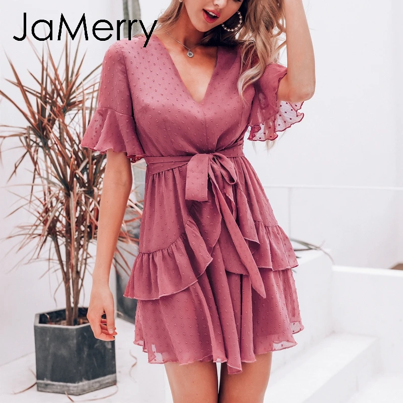 

JaMerry Vintage sexy pink polka dot women dress Summer style layer ruffle short sundress Elegant zipper holiday vestidos 2019
