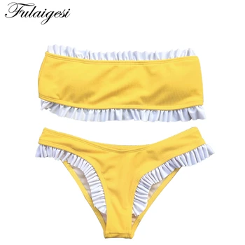 

Fulaigesi Solid Reffle bikini set women lace top swimsuit 2020 bandeau ribbed push up swimwear swimming bathing suit beach new