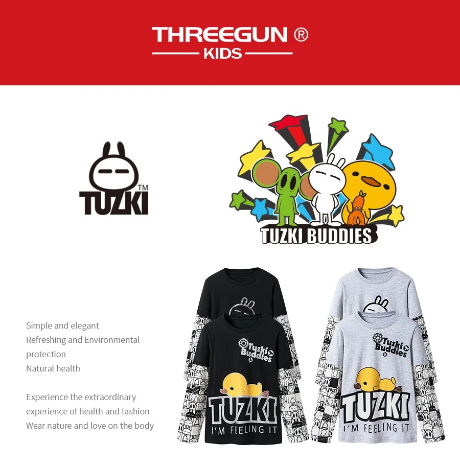 THREEGUN X Tuzki толстые футболки для маленьких девочек кролик утка дети подросток T рубашка, хлопчатобумажные футболки с длинным рукавом tee