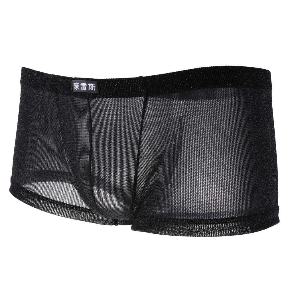 Mens Solid Sheer Underwear Glitter Hollow Out Boxers Shorts Semi-transparent Mesh Underpants