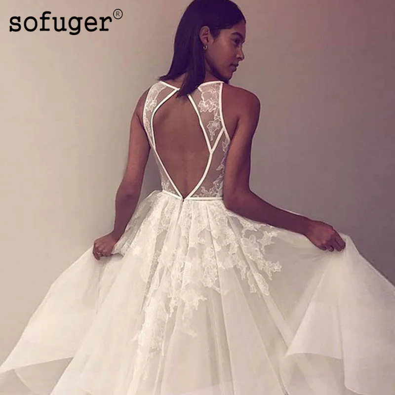 

White Ivory Sexy Backless Scoop Appliques Spaghatti Straps Organza Tiered Bridal Wedding Dresses Vestidos de Noivas