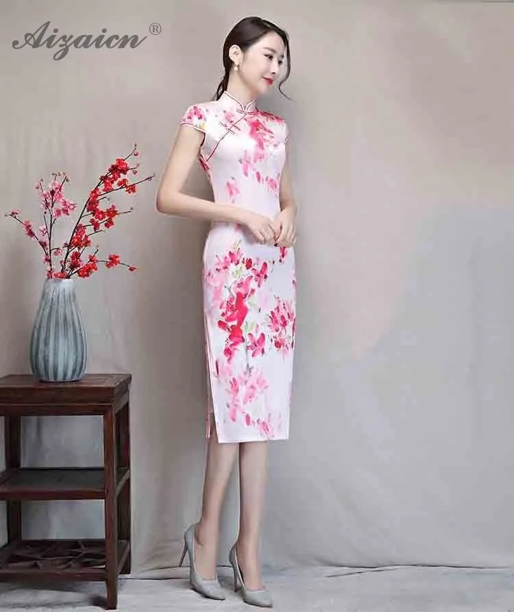 Новое модное платье современный розовое платье Qipao Китай шелковые платья китайский традиционное платье Oriental Slim Fit печати Qi Pao