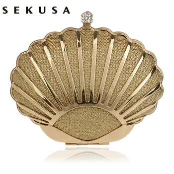 

SEKUSA Fashion Hollow Out Style Women Evening Bag Shell Design Diamonds Mixed Candy Color Day Clutch With Chain Shoulder Purse