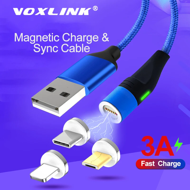 Магнитный USB кабель VOXLINK 1 м светодиодный для iPhone Xs 6 и USB TypeC кабель и Micro USB нейлоновая оплетка для samsung Xiaomi huawei LG USB C