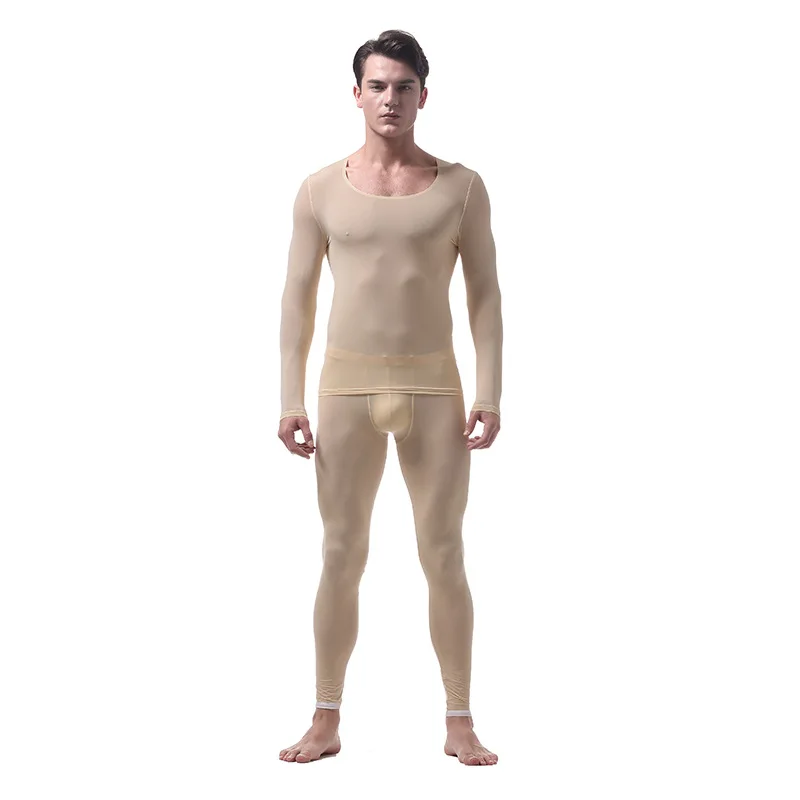 Men's Ultra-thin Ice Silk Underwear Sets Seamless Men's Transparent U Pouch Bag Design Sexy Breathable Long Johns(for A Suits) mens long underwear sets