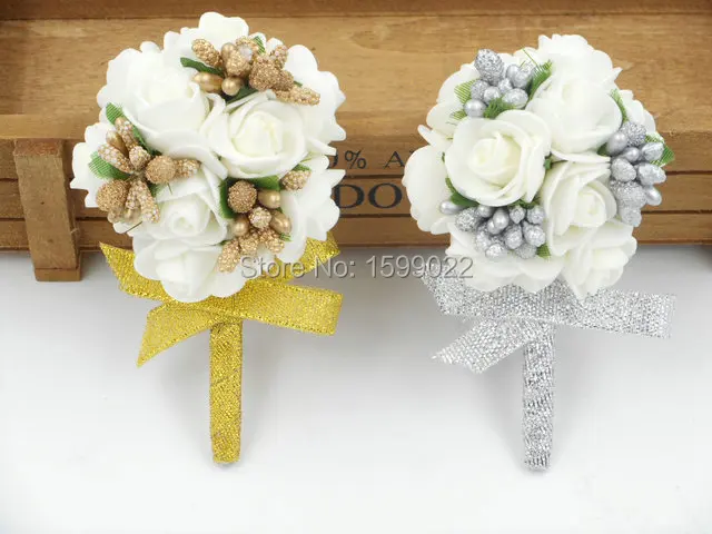 

Handmade Foam Rose Flowers Mariage Best Man Wedding Prom Boutonnieres for Men Groom Brooch Diy Brother Corsage White Gold Silver