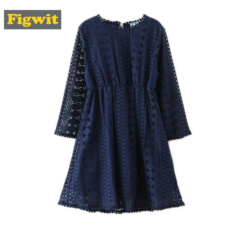 Figwit осеннее платье с длинными рукавами цвет: желтый белый Голубое Кружевное