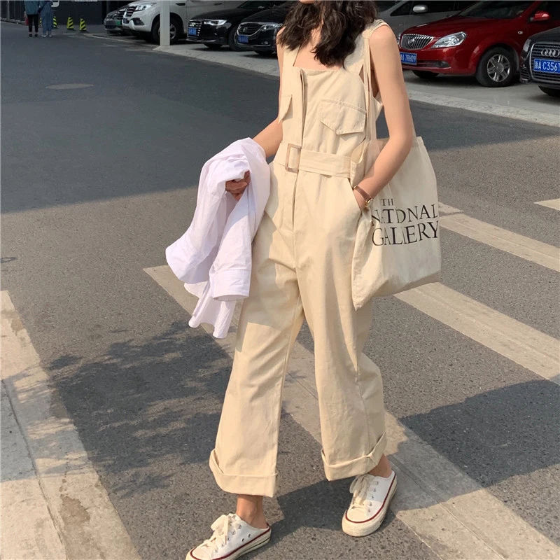 

Style Casual Jumpsuit Women 2019 Fashion Solid Square Collar Sleeveless With Sashes Beige Blue Straight Cotton Overalls bodysuit