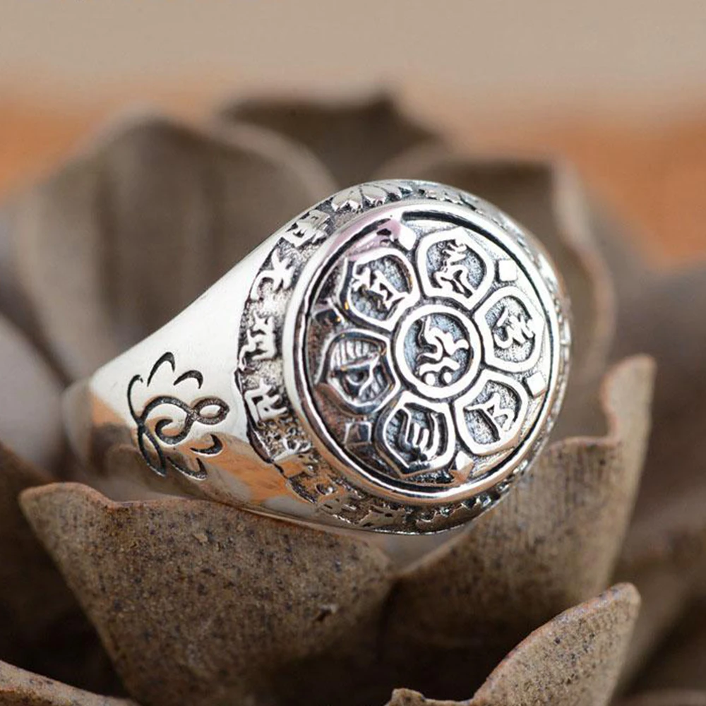 Comprar Auténtica Plata de Ley 925 Joyería de La Vendimia de Buda Seis Palabras Mantra Anillos Para Mujeres Y Hombres Bijouterie Fina