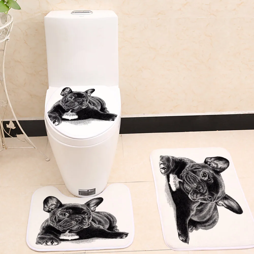 Miracille لطيف أسود الفرنسية البلدغ الطباعة 3 قطعة/المجموعة المرحاض غطاء مقعد حمام داخلي عدم الانزلاق المرجان الصوف الطابق حصيرة ديكور الحمام