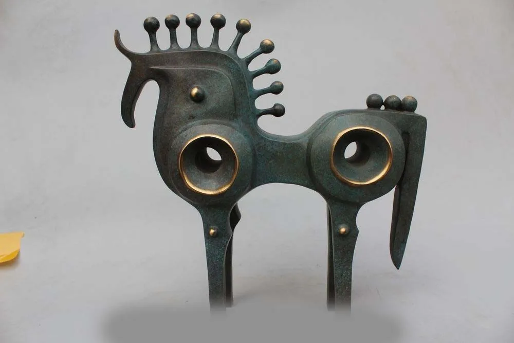 

15"Western Art Pure Bronze Carved abstract Lucky machine Horse Art sculpture