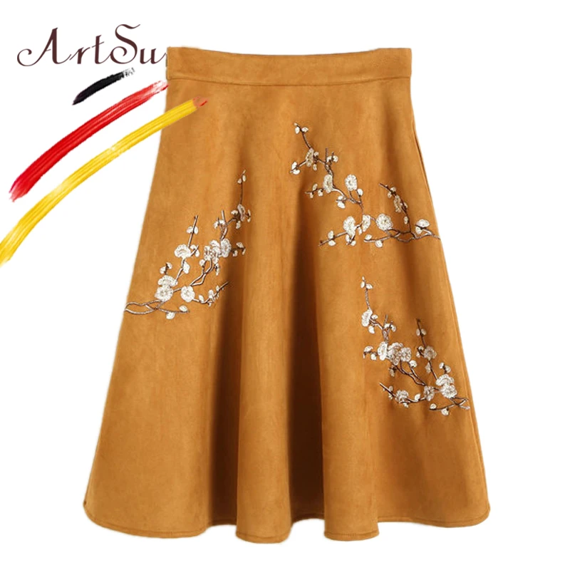 ArtSu Vintage Ethnic Pleated Midi Skirts 2017 Winter Floral Embroidery