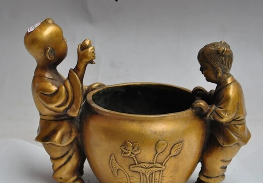 

xd 003098 7"Lucky Chinese folk Bronze boy girl child lotus catch fish statue Pot Tank Jar