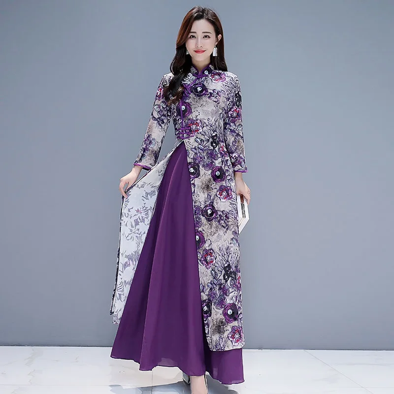 

Purple Cheongsam Dresses Women 2019 Chinese Oriental Dresses Chiffon Slit Qipao Ao Dai Vietnam Traditional Chinese Dress TA1321