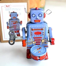 Ретро заводные олова игрушки Классический Заводной Олово робот синий барабанных партий робот коллекции