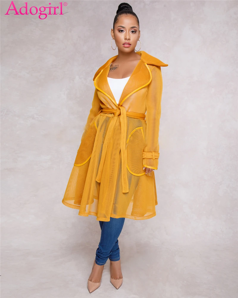 

Adogirl Sexy Sheer Mesh Long Trench Coat with Belt Turn Down Collar Full Sleeve Pockets Fashion Coat Dress Casual Outerwear
