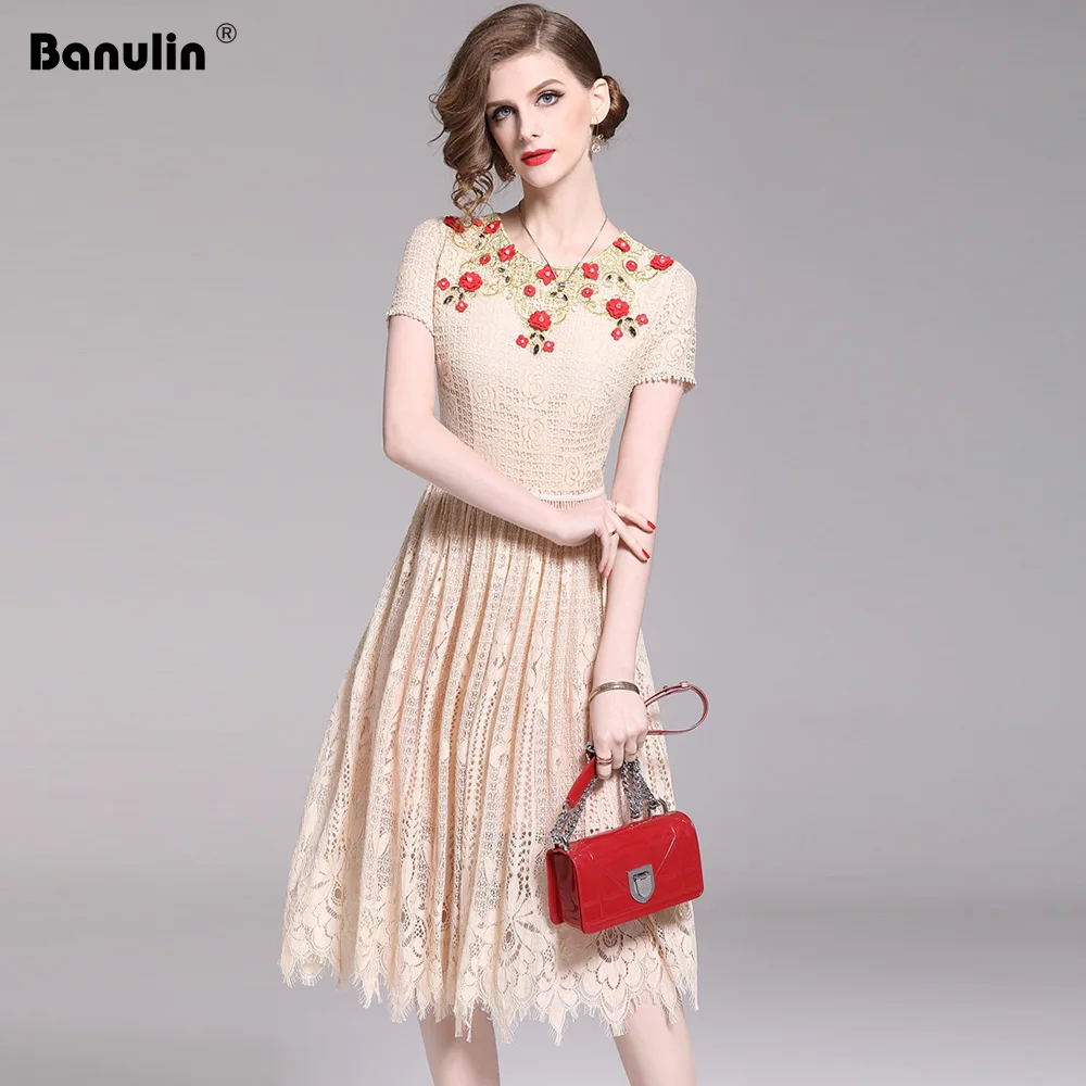 

Banulin 2019 Fashion Runway Vintage Summer Dress A Line Women's Sleeveless Apricot Mesh Embroidery Beading applique Lace Dress