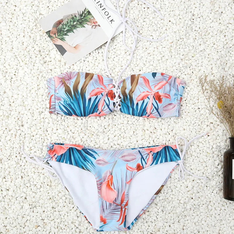 

Sexy Printed Bekini Women Blue Leaf Designed Swimwear High Quality Women Swimming Wear Push Up Beachwear