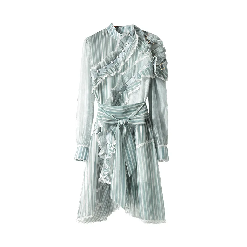 Высокое качество весеннее повседневное Полосатое платье с длинным рукавом женское асимметричное платье с бантом пляжное и вокационное стиль