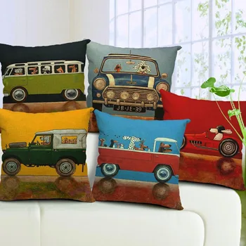 

Hot Sale Lovely Cartoon Dog Driving Car Vintage Almofadas 45X45CM Linen Pillow covers home Decorative Linen Cushion Cover