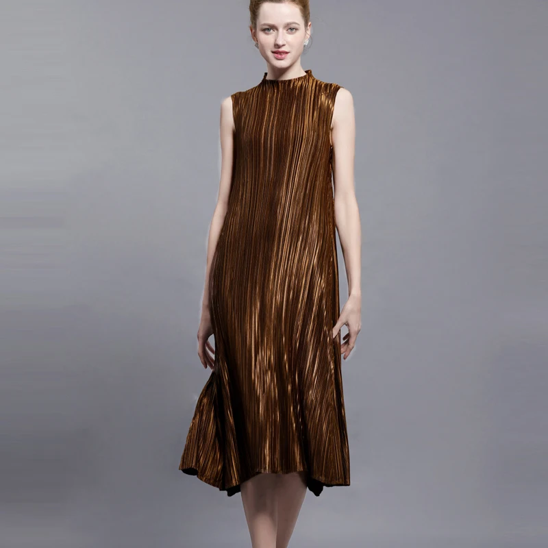 Wholesale Changpleat Summer Dress Metallic Luster Design Miyake Pleated Stand collar Sleeveless Dresses For Women Black Big Swing Dress Buy Cheap Changpleat Summer Dress Metallic Luster Design Miyake Pleated Stand collar Sleeveless Dresses For Women Black Big Swing Dress