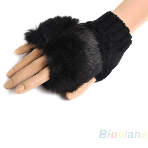 Bluelans Winter Wrist Arm Hand Warmer Plush Gloves Embroidery Half Hand Fingerless Gloves