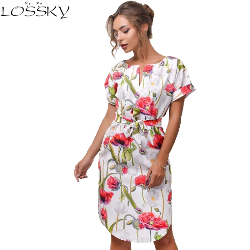

Summer Printed Women Dress Casual O-Neck Hem Side Split Ladies Dresses 2018 Fashion Tie Sashes Short Sleeve Sexy Female Vestidos