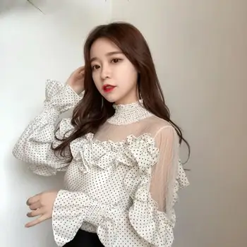 

Ruffles Wild Blouses For Women Fashion Noveltie Patchwork Polka Dot Women's Shirts Top Female Temperament Ol Blusas Feminina