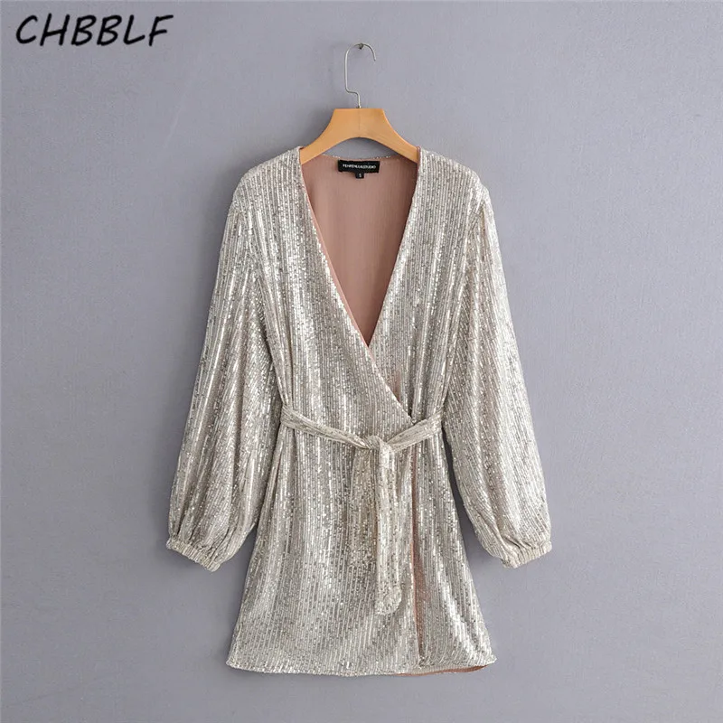 Comprar CHBBLF Mujer parte lentejuelas mini vestido cruzado cuello pico pajarita manga larga vestidos femeninos ZSZ390