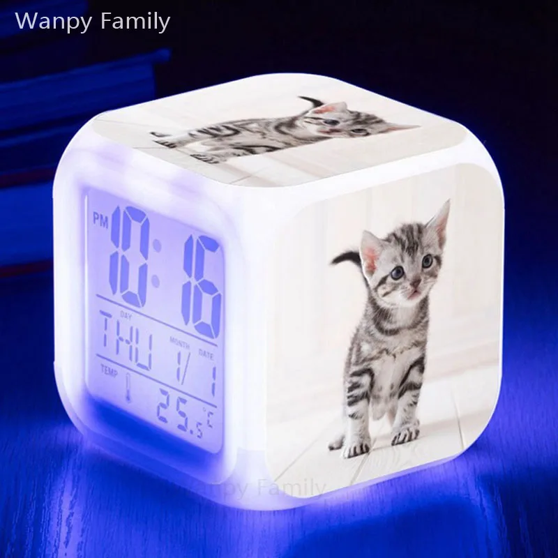 

Very Cute Kitten Cat Alarm Clock 7 Color LED Glowing Digital Alarm Clock For Kids room Night Light Electronic Watches Clock