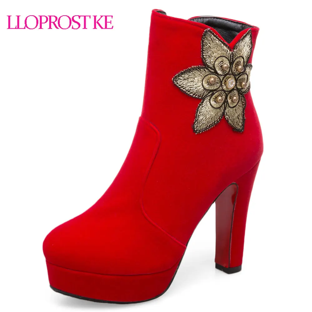 

Lloprost ke 2018 hot sale new arrive women boots zipper black red autumn winter ladies boots flower platform ankle boots D164