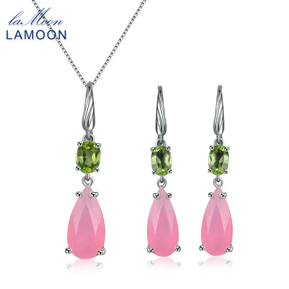 LAMOON Ювелирные наборы для Для женщин стерлингового серебра 925 натуральный розовый кварц Зеленый Перидот Fine Jewelry свадебные с Jewelen V048-1
