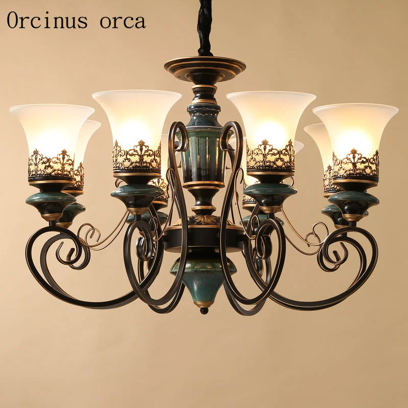 

American luxury blue ceramic chandelier living room bedroom lamp European retro creative iron Chandelier free shipping